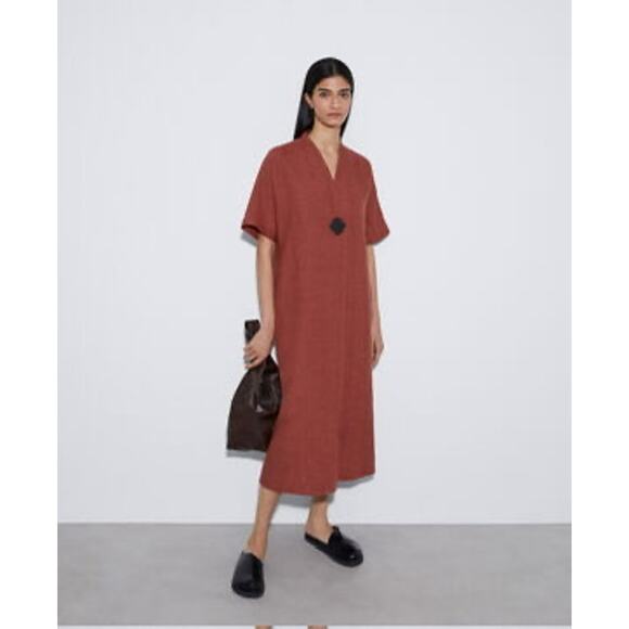 Adolfo Domínguez Rust Linen Midi Dress Minimalist Kimono Wrap Style Women M - Picture 1 of 8